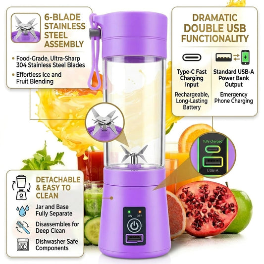 Portable Smoothie Maker –  double USB Rechargeable Fruit Blender with Digital Nutrition Display
