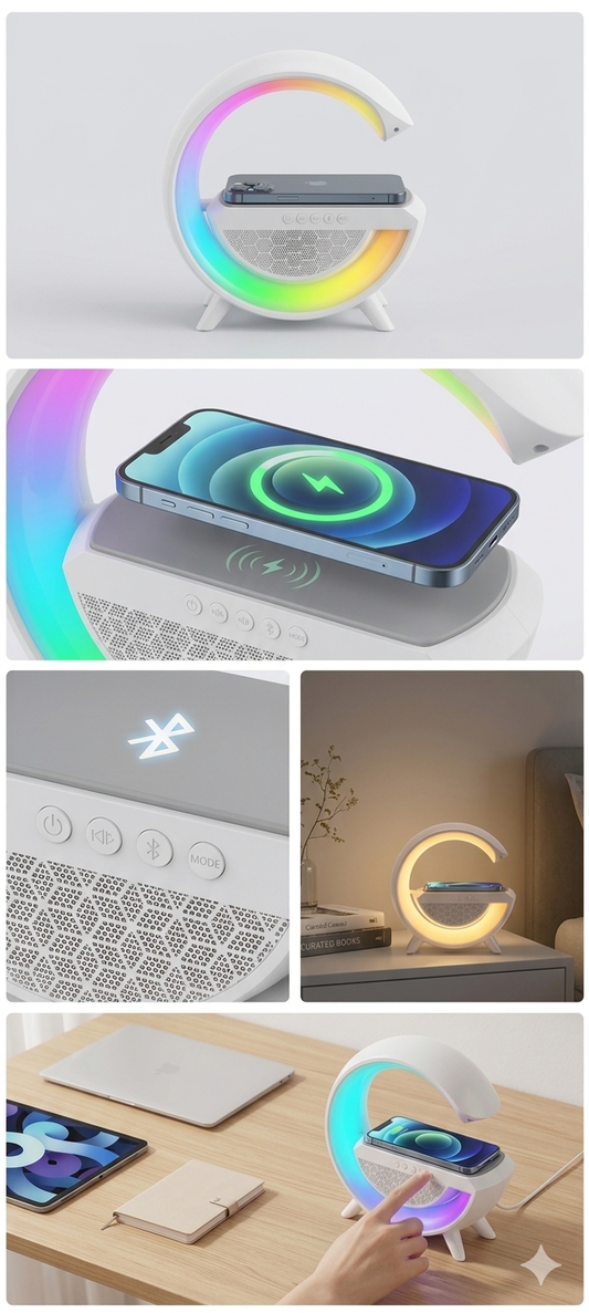 Wireless Fast Charger, Bluetooth Speaker & Atmospheric RGB Mood Lamp BT2301 3-in-1 Smart Hub: