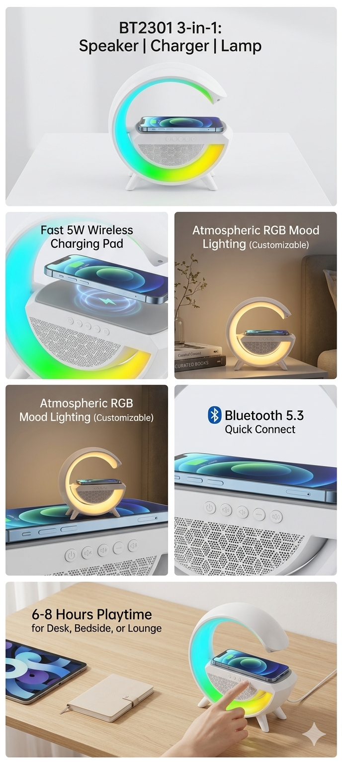Wireless Fast Charger, Bluetooth Speaker & Atmospheric RGB Mood Lamp BT2301 3-in-1 Smart Hub: