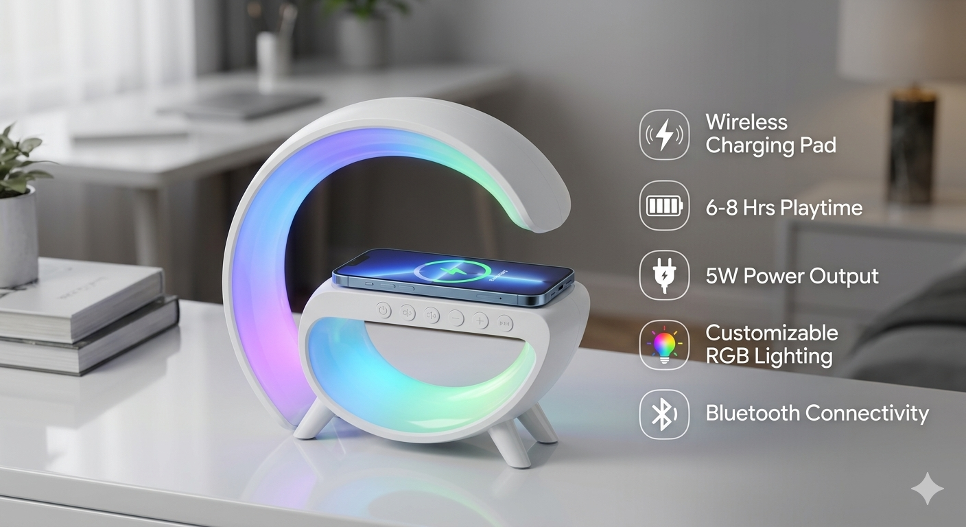 Wireless Fast Charger, Bluetooth Speaker & Atmospheric RGB Mood Lamp BT2301 3-in-1 Smart Hub: